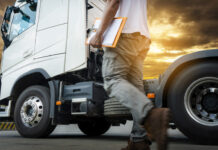 Truck transportation, truck driver walking around semi truck inspecting and safety check before driving a truck