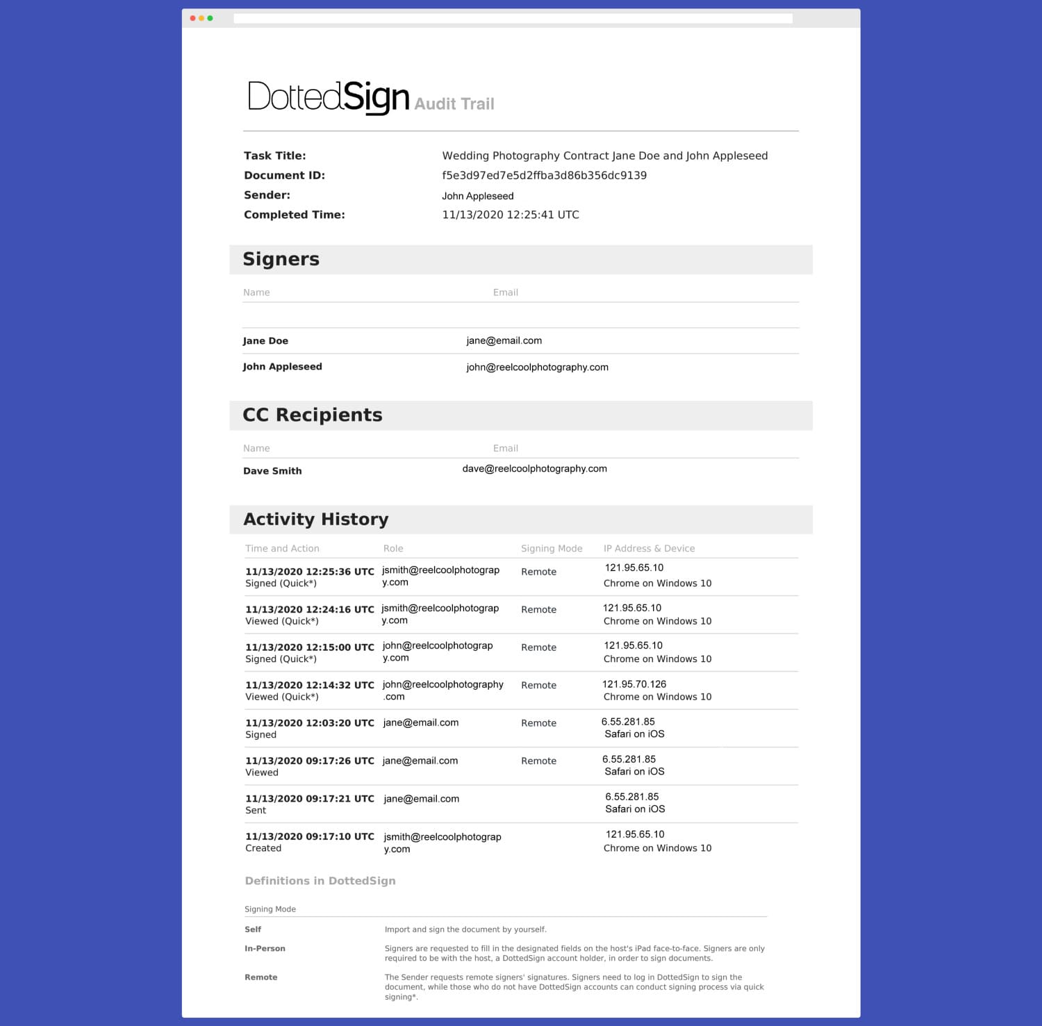 Audit Trail: Digitally Certified PDF trail showing all actions on your document.