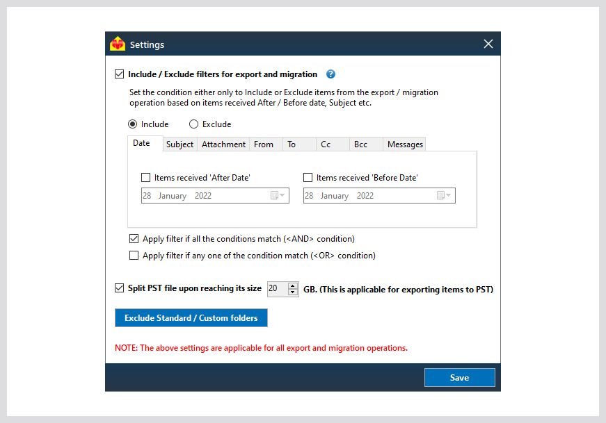 Filter settings and other options