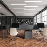 Modern business room interior with coworking and meeting space, panoramic window