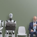 AI robot applicant sitting with business people