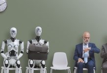 AI robot applicant sitting with business people