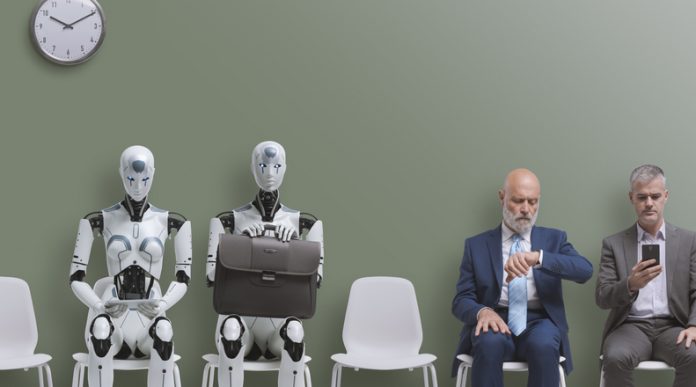 AI robot applicant sitting with business people