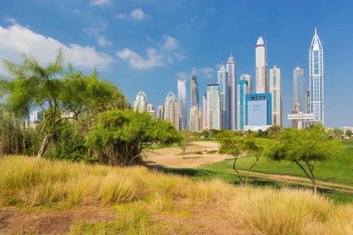 Dubai modern skyscrapers and park