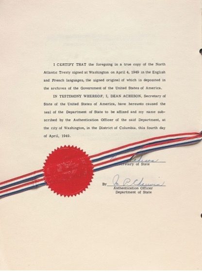 Authentication page of an official copy of the 1949 North Atlantic Treaty, signed and sealed by U.S. Secretary of State Dean Acheson