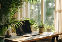 A tranquil and bright workspace by a window