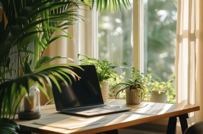 A tranquil and bright workspace by a window