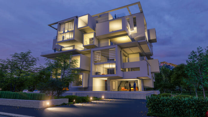 Modern upscale residential building at dusk