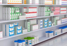 Drugstore with medicine on shelves