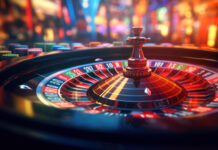 Roulette wheel glimmers amidst bustling casino floor