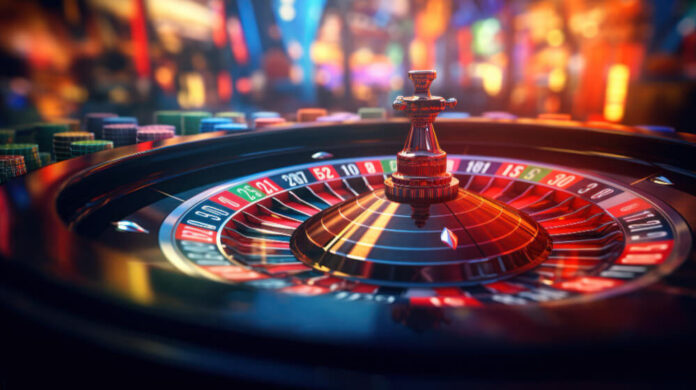 Roulette wheel glimmers amidst bustling casino floor