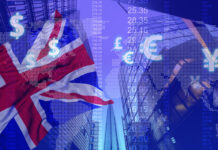 Great Britain stock market graphic background on financial market trade chart