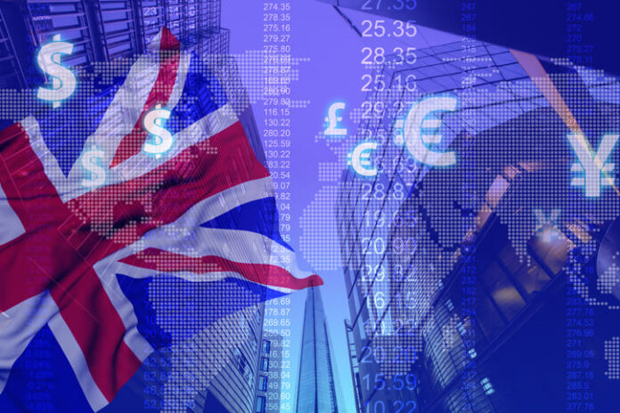 Great Britain stock market graphic background on financial market trade chart