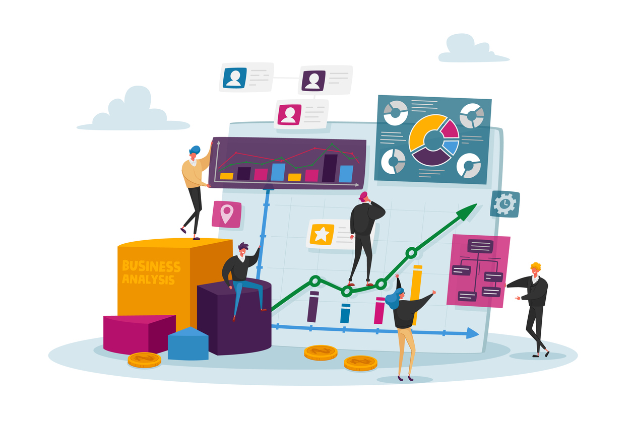 Business Analysis, Tiny Characters at Huge Monitor with Charts. Managers Analyze Information Analysing Graphs on Monitor