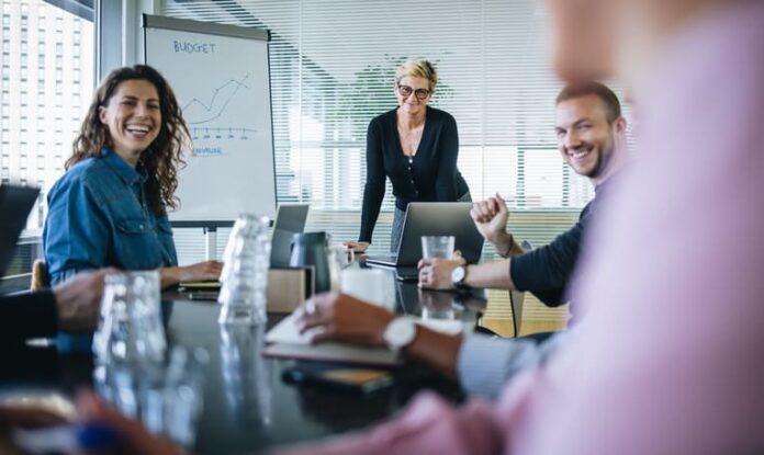 Business team smiling during a meeting