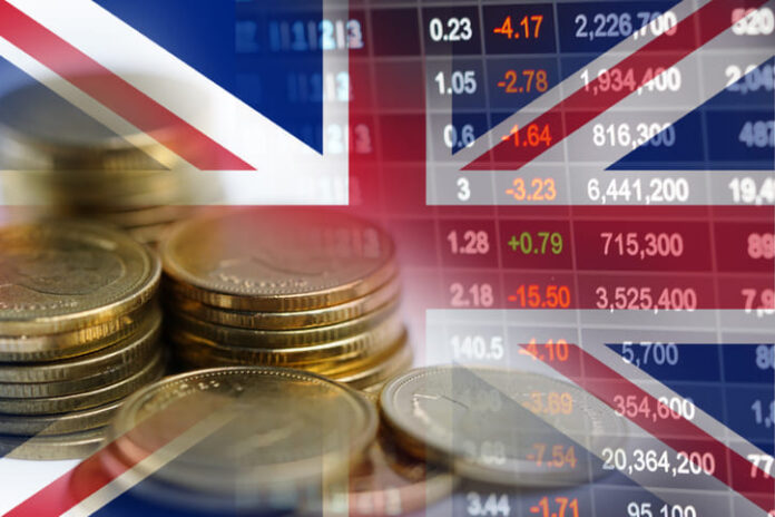 Investment trading financial, coin and United Kingdom England flag