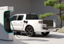 White Electric Pickup Truck connected to charging station