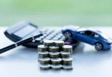 coins stack, car and calculator