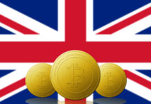 Three Bitcoin cryptocurrency with UNITED KINGDOM flag