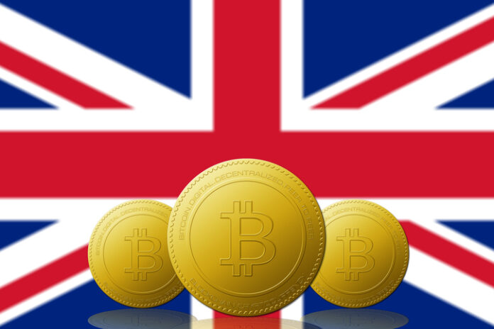 Three Bitcoin cryptocurrency with UNITED KINGDOM flag