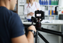 Photographer filming doctor on camera using tripod and slider closeup