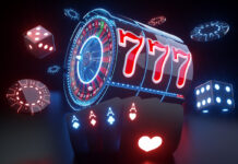 Roulette Wheel Inside Slot Machine, Playing Cards, Dices And Casino Chips With Red And Blue Neon Lights