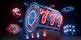 Roulette Wheel Inside Slot Machine, Playing Cards, Dices And Casino Chips With Red And Blue Neon Lights