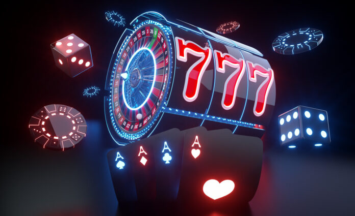 Roulette Wheel Inside Slot Machine, Playing Cards, Dices And Casino Chips With Red And Blue Neon Lights