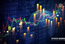 Stock market investment chart with green and red uptrend line.