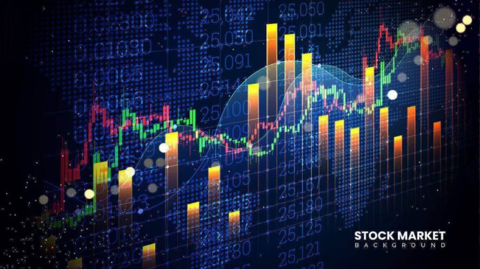 Stock market investment chart with green and red uptrend line.