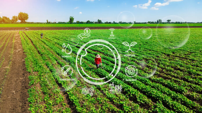 Agriculture technology farmer man using tablet computer analysis data and visual icon