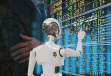 Businessman working with data charts with AI Robot represents use of artificial intelligence in trading investing