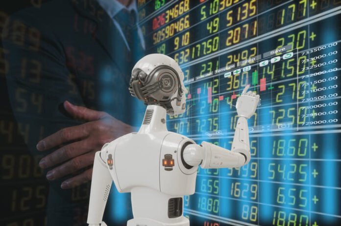 Businessman working with data charts with AI Robot represents use of artificial intelligence in trading investing