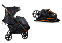 Modern baby stroller standing and folded