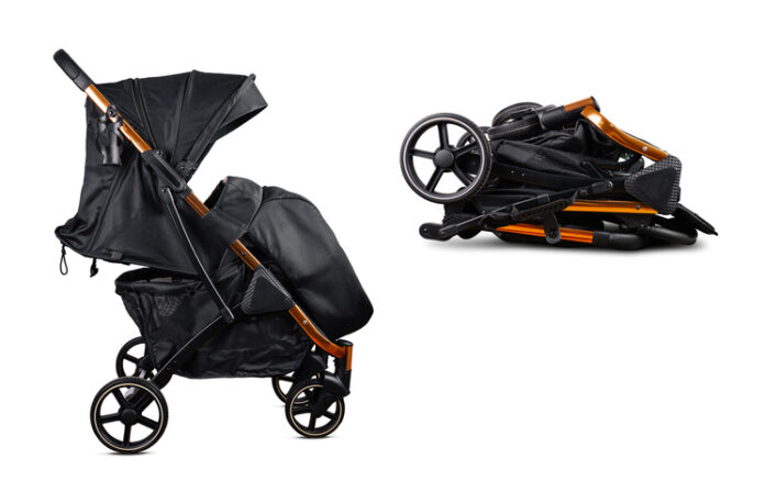 Modern baby stroller standing and folded