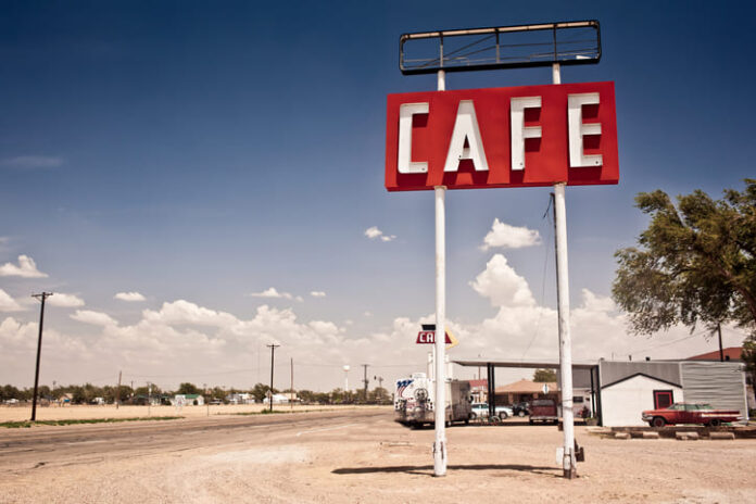 Cafe sign along historic Route 66 in Texas.