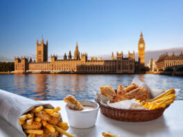 Fish and Chips against Big Ben in London, England