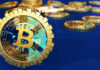 bitcoin logo gold coins that scatter in different directions.