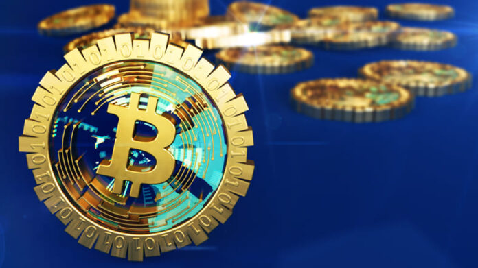 bitcoin logo gold coins that scatter in different directions.