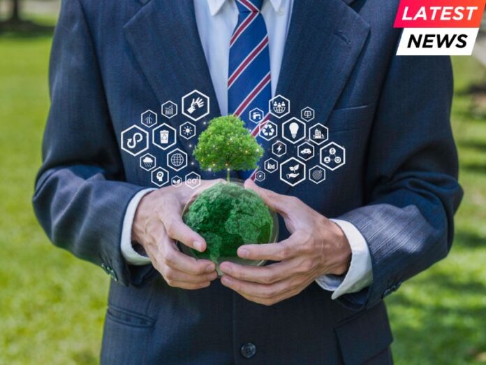 Businessman holding a globe with icon carbon credit reducing to a sustainable climate solution