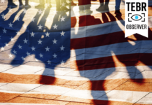 USA Flag and shadows of People