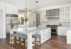 Beautiful kitchen in new luxury home with island, pendant lights, and hardwood floors