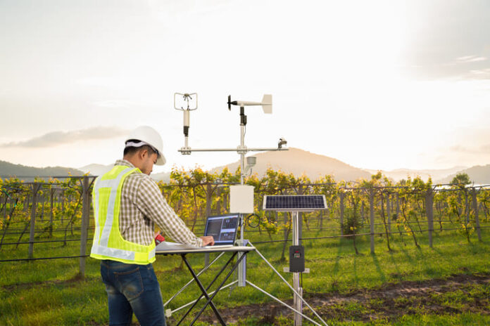 Agronomist using tablet computer collect data with meteorological instrument to measure the wind speed, temperature and humidity and solar cell system in grape agricultural field