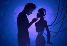 Man and robot love stock illustration