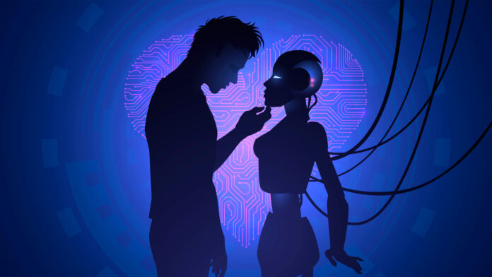 Man and robot love stock illustration