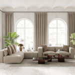 Large living room inderior with arch windows, furnished with modern sofa and dining table