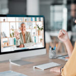 Video call, computer and business women wave in offic