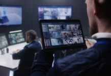 Close up shot of security officer zooming CCTV cameras with AI facial scanning