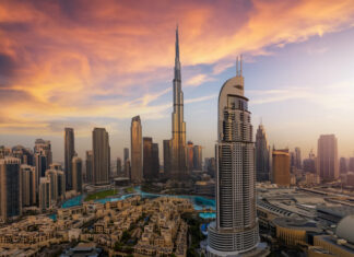 Panoramic sunrise view of the downtown district skyline of Dubai