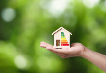 House energy efficiency, energy efficient rating class concept, eco home renovation save cost.